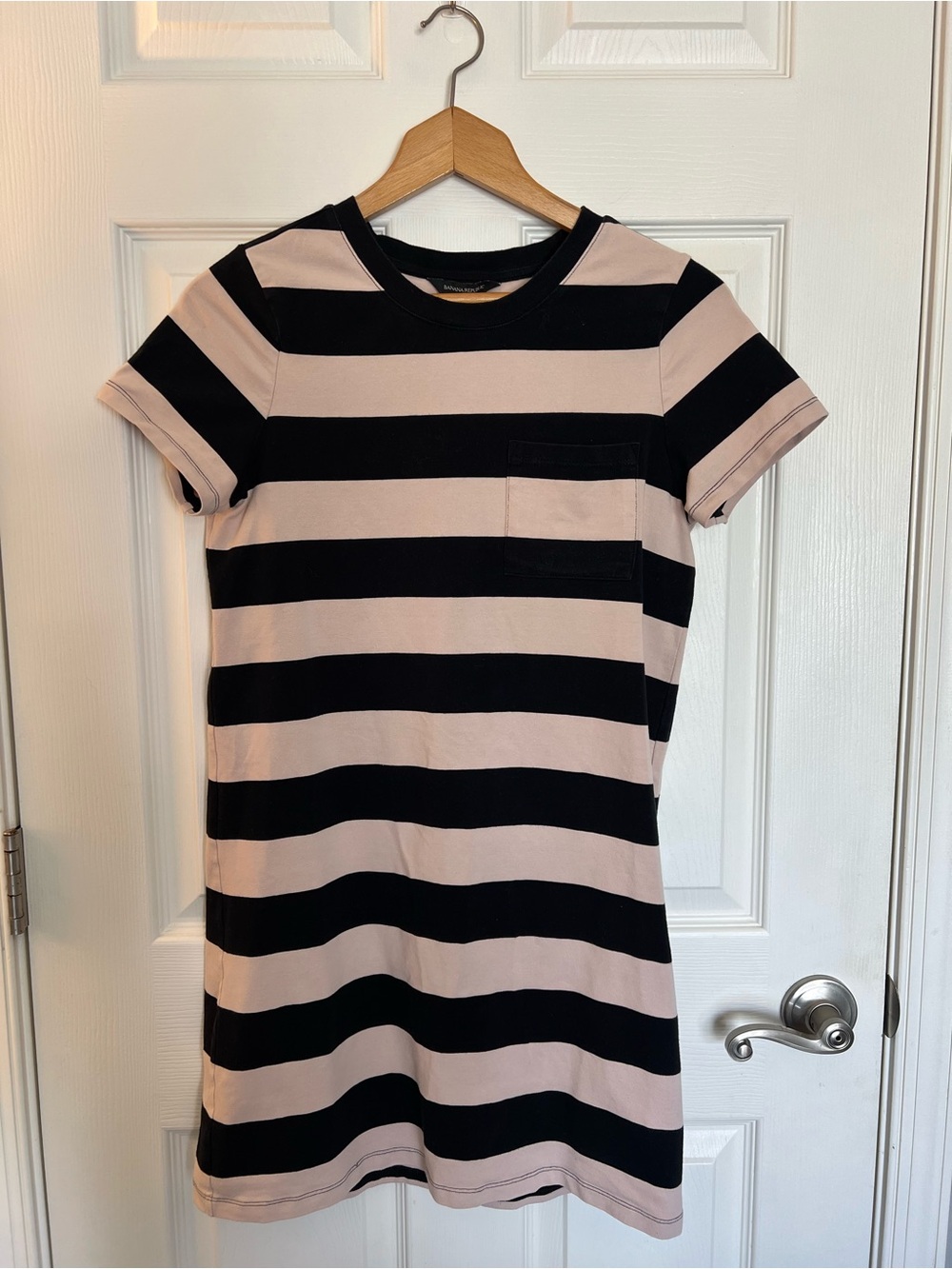 Banana Republic Black and Light Pink Striped Short Sleeve Mini Dress
